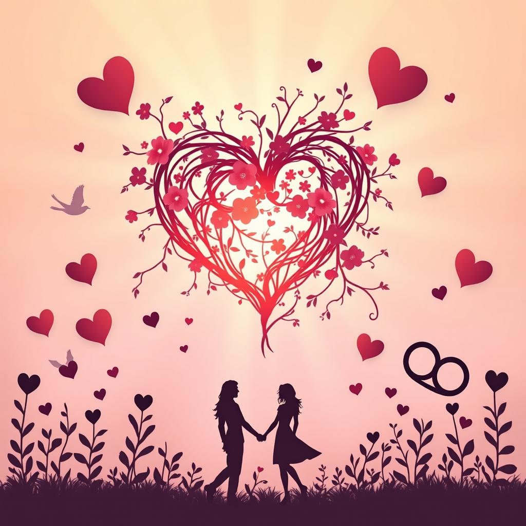 A beautiful and serene visual representation of love theory, showcasing abstract concepts of affection and connection