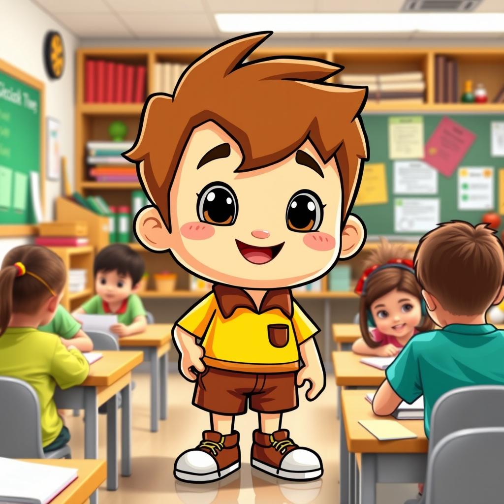 A cute and friendly mascot character named Caio, representing a student in a classroom setting