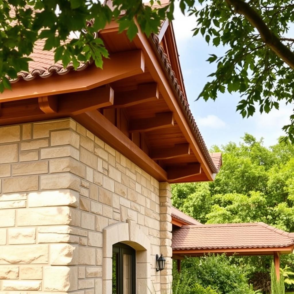 A beautiful construction design featuring a traditional roof, adorned with elegant beige stone cladding