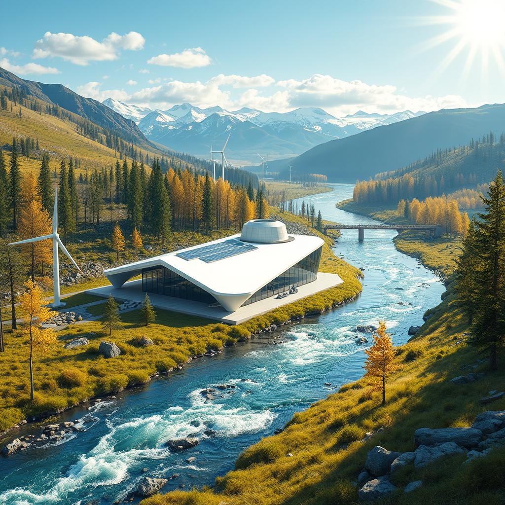 Create a modern futuristic design set against the picturesque backdrop of Siberian nature in summer