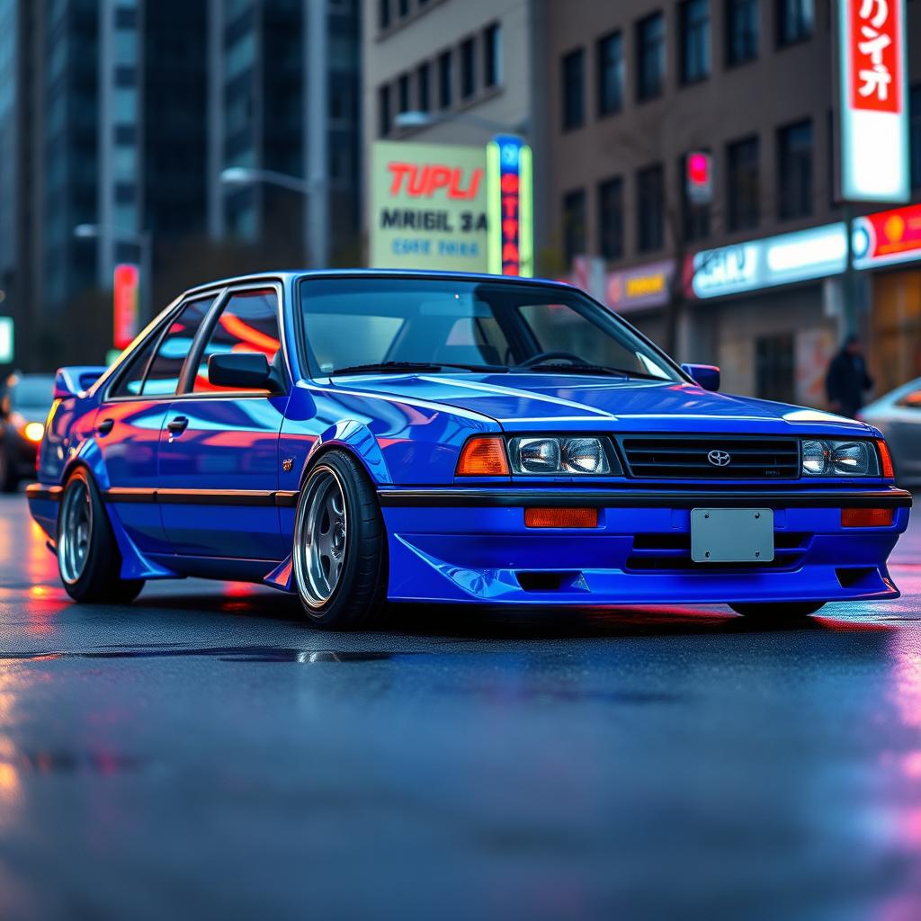 A stylish 90s car with a lowered profile, showcasing a sporty stance and sleek, angular design typical of that era
