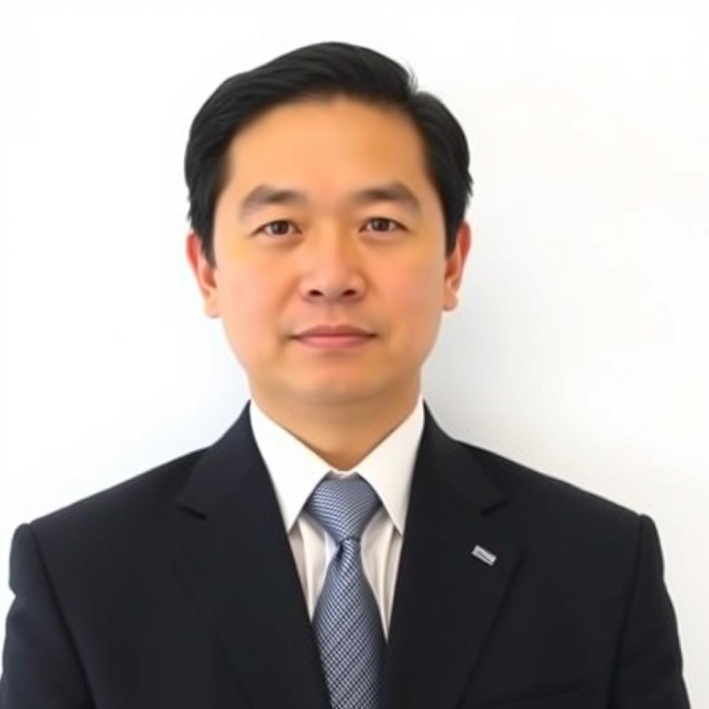 A passport-sized photo of an Asian male with a neutral expression, dressed in a formal black suit and white shirt, with short black hair neatly combed