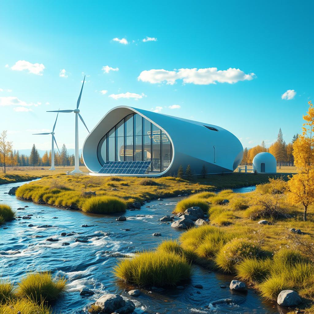 Imagine a modern futuristic design set in the summer landscape of Siberian nature