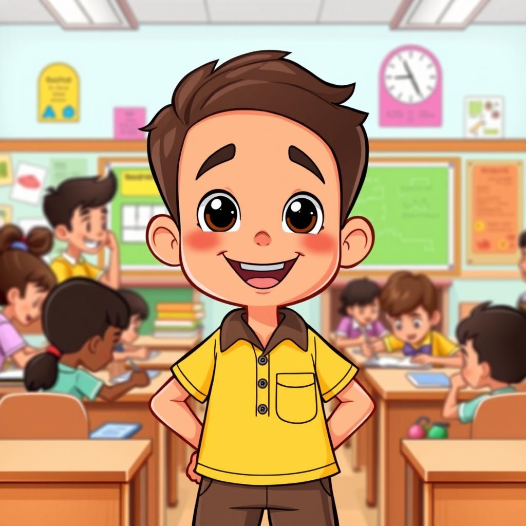 A cheerful and friendly cartoon character named Caio, representing a student in a classroom setting