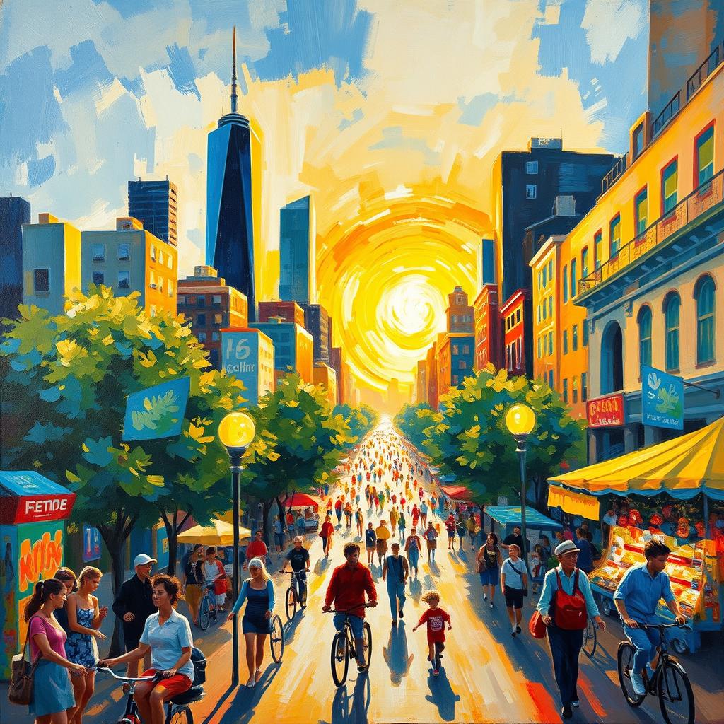 An impressionist painting depicting a vibrant and bustling cityscape, with lively scenes of people walking, cyclists, and street vendors