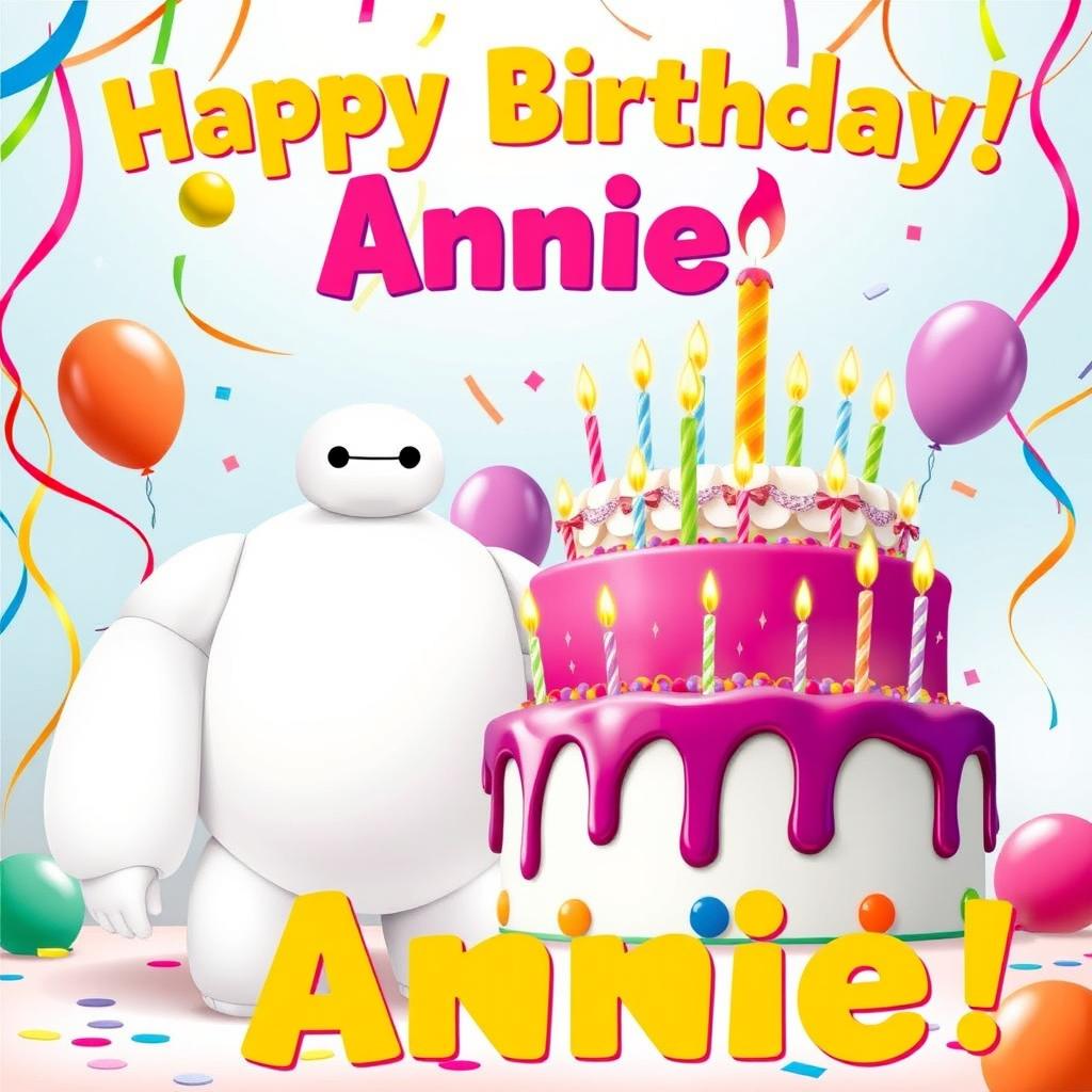 A vibrant birthday poster for Annie featuring Baymax, the lovable healthcare companion from Disney's *Big Hero 6*