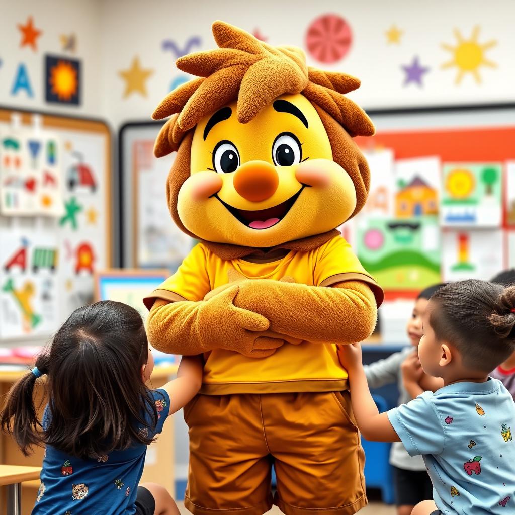 A cheerful and friendly mascot named Caio, representing a student in the classroom