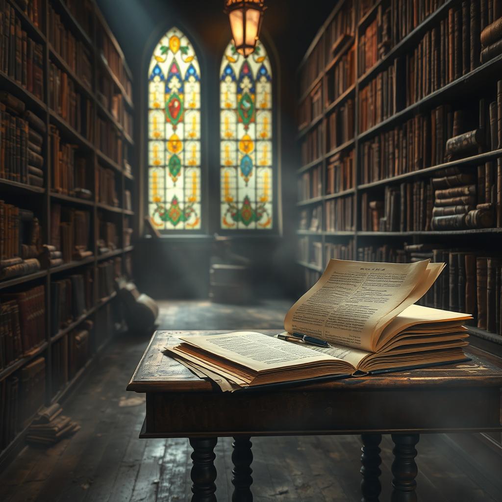 A mysterious and atmospheric scene depicting the moment a lost manuscript by a renowned author is discovered in a dusty archive