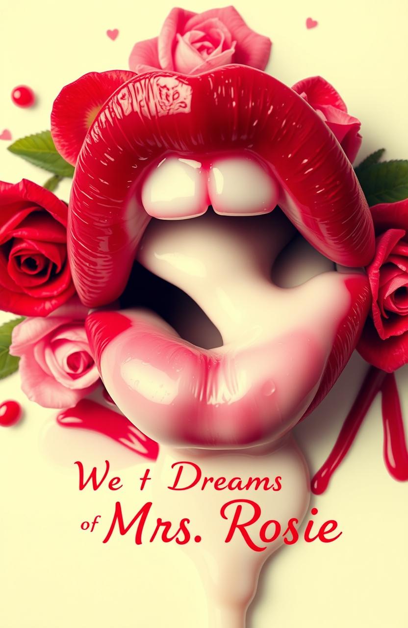 A close-up, vertical angle shot of luscious, red juicy lips gently biting down, with thick, creamy milk oozing out