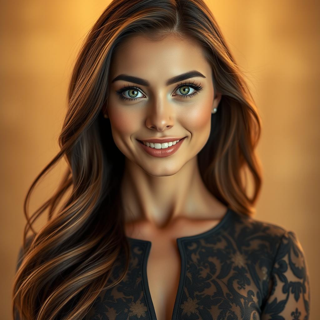 A detailed front view portrait of a stunning, confident woman with long flowing hair, captivating green eyes, and a welcoming smile