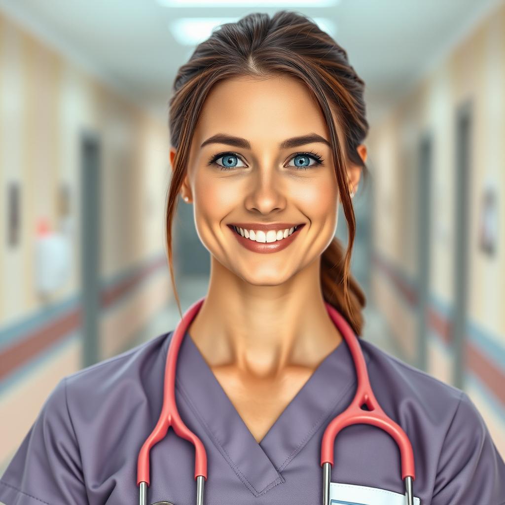 A detailed front view portrait of a beautiful, confident woman wearing a nurse uniform