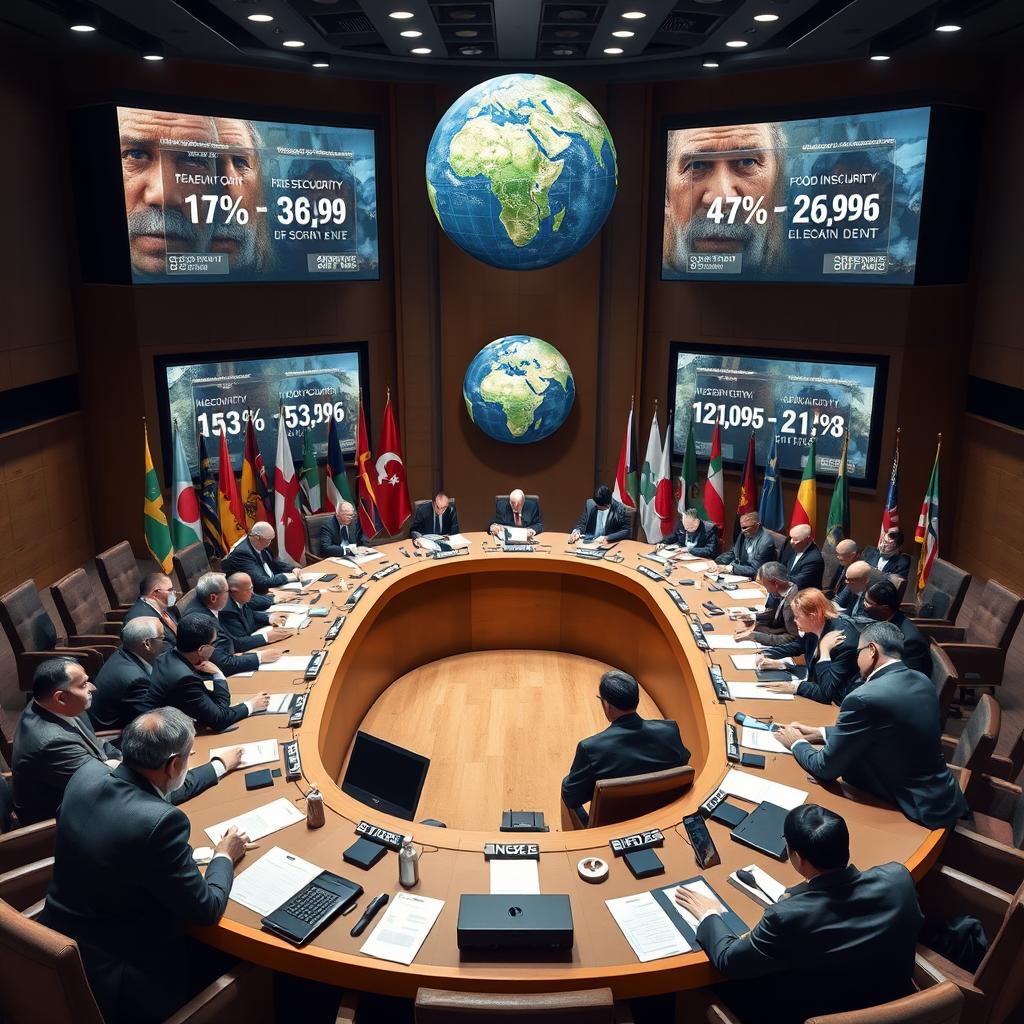 A powerful scene depicting global leaders gathered around a large, round table in a high-profile conference room, engaged in a serious discussion about rising food insecurity