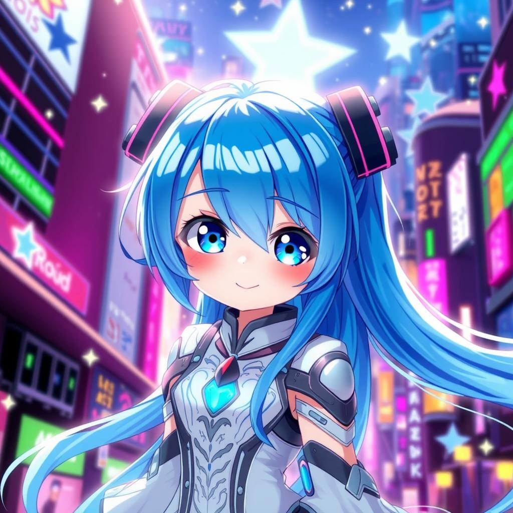 An enchanting digital artwork featuring a blue-haired anime girl with long flowing hair, expressive large eyes, and a playful smile