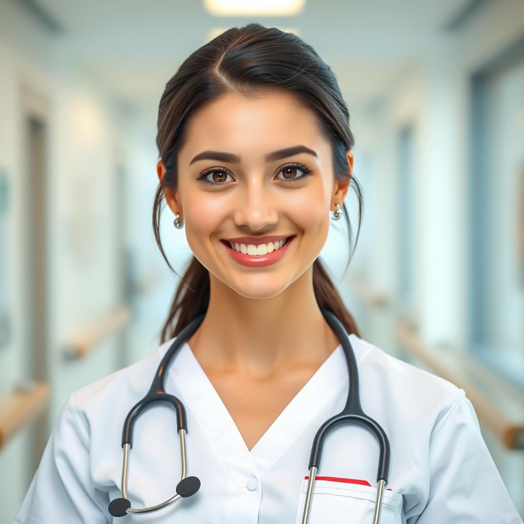 A detailed front view portrait of a beautiful nurse wearing her uniform, showcasing her friendly expression and professionalism