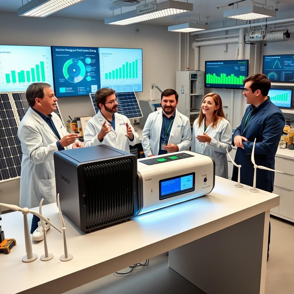 A dynamic and inspiring scene showcasing a breakthrough in renewable energy storage technology