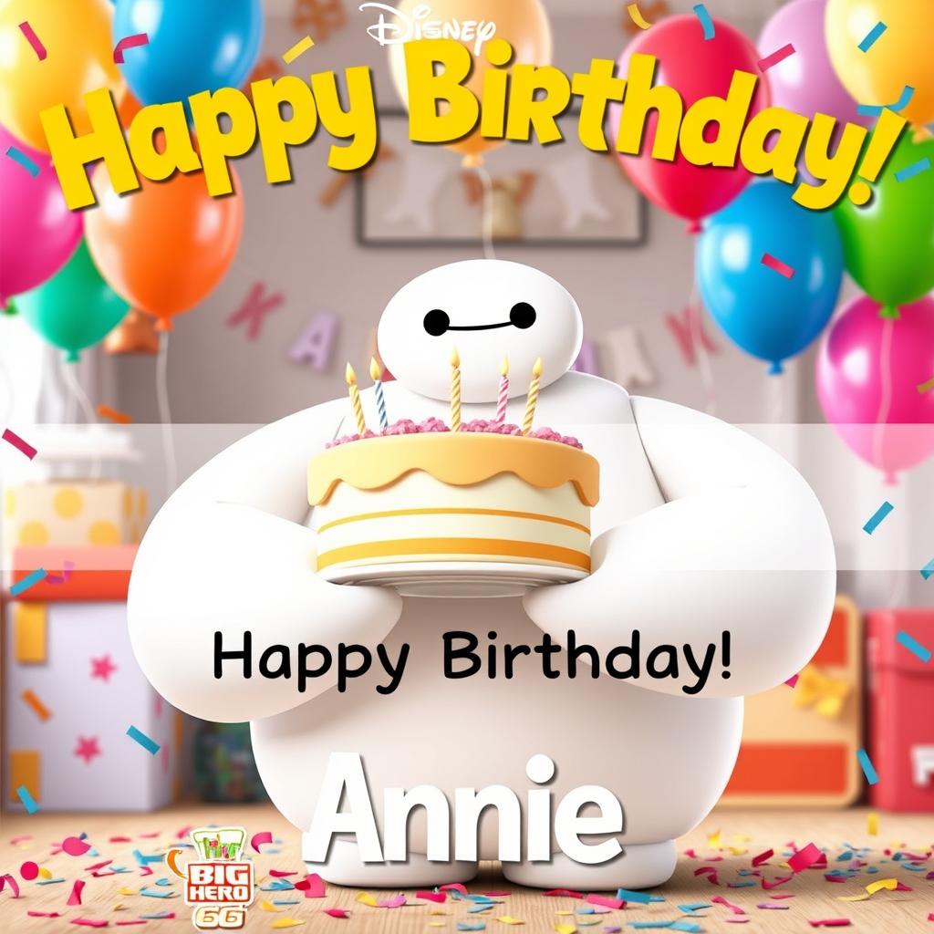 A cheerful birthday poster for Annie featuring Baymax from Disney's *Big Hero 6*