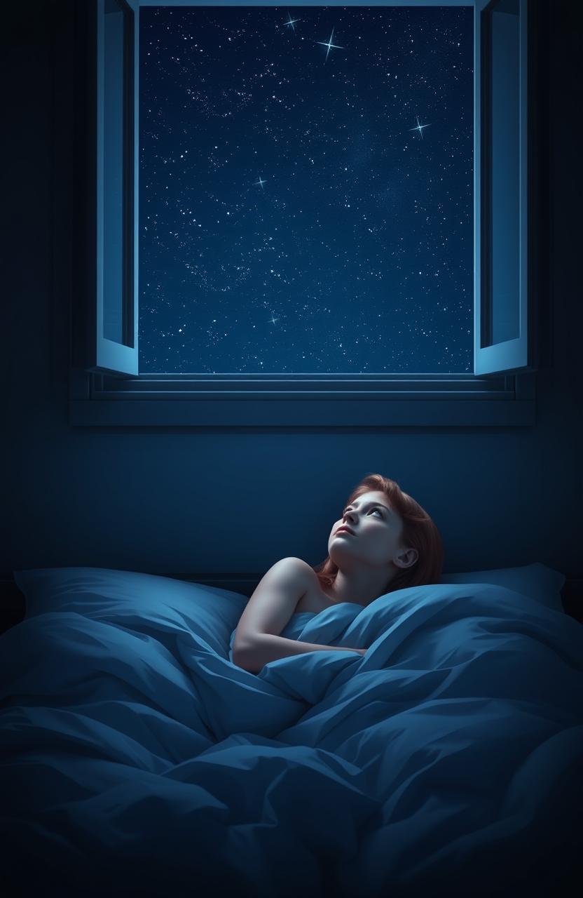 A serene nighttime scene featuring a young woman lying on a bed with a dreamy, contemplative expression