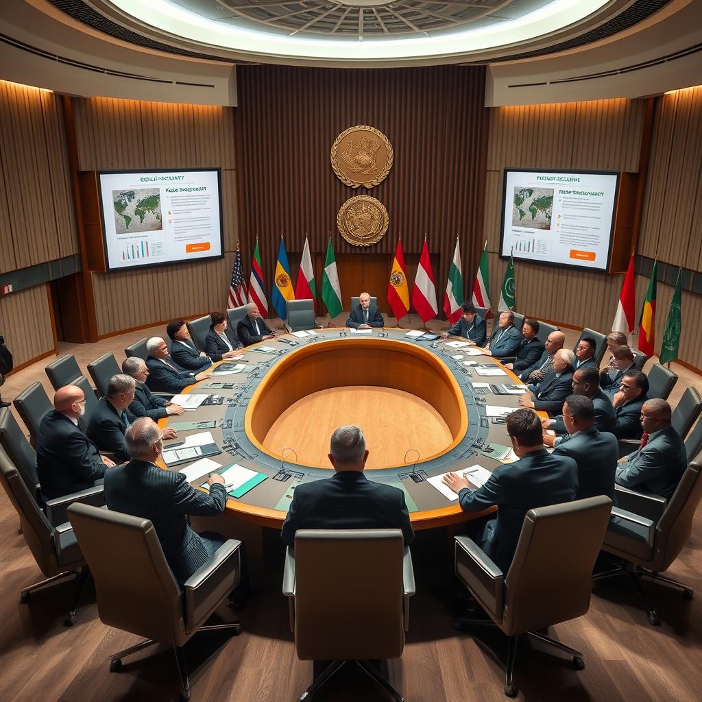 A powerful and urgent scene depicting global leaders gathered in a large, modern conference room, discussing strategies to combat rising food insecurity