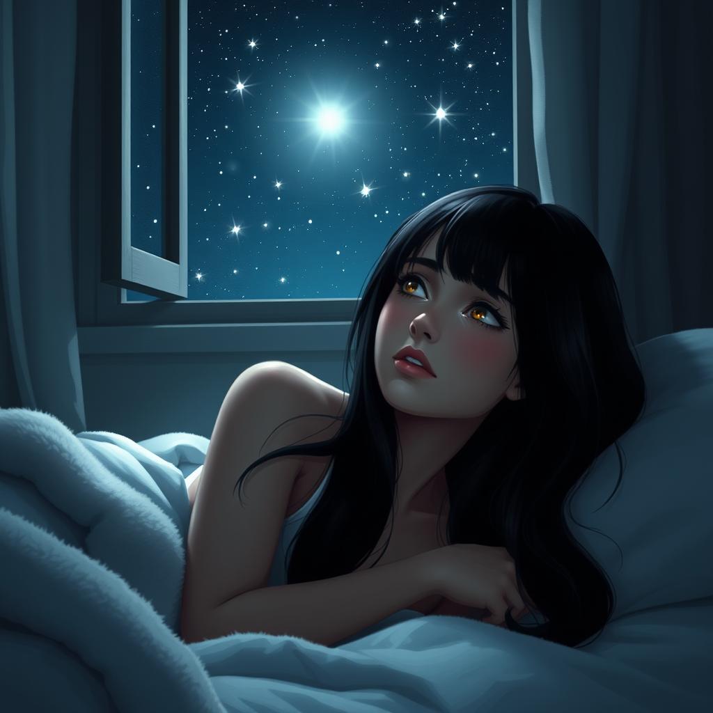 A serene nighttime scene featuring a young woman with long black hair and honey-colored eyes, lying on a bed