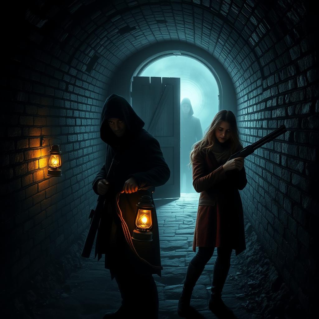 A dark tunnel with ancient brick walls
