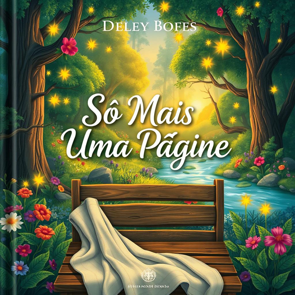 A beautifully illustrated book cover featuring a lush, enchanting forest with vibrant flowers and a sparkling river flowing through it