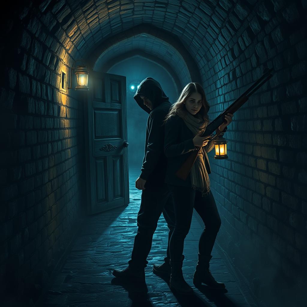 A dark tunnel with ancient brick walls, illuminated by the flickering light of a lantern that partially reveals the path, casting moving shadows at the edges of the light