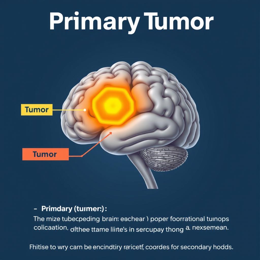 An illustrative diagram of a human brain highlighting a tumor, clearly labeled as 'Primary Tumor' and 'Secondary Tumor'