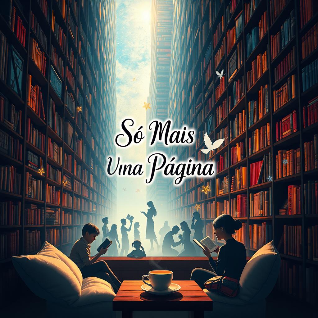 A captivating book cover for 'Só Mais Uma Página' featuring a magical library filled with towering bookshelves that stretch towards the heavens