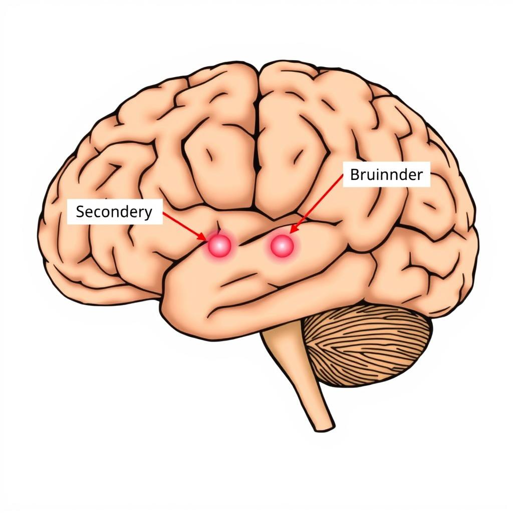An educational illustration of a human brain with labeled secondary tumors, showcasing the tumor's location in detail
