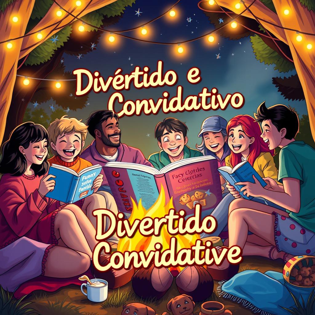 A vibrant and dynamic scene depicting a group of friends sitting around a cozy bonfire on a warm summer night, all animatedly engaged in reading funny and adventurous stories from a large, colorful book