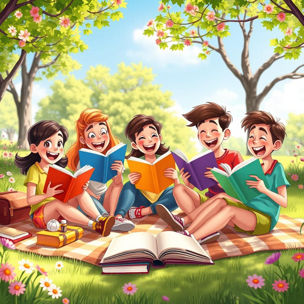 A vibrant scene depicting a group of joyful friends gathered in a sunny park, sitting on picnic blankets surrounded by colorful books