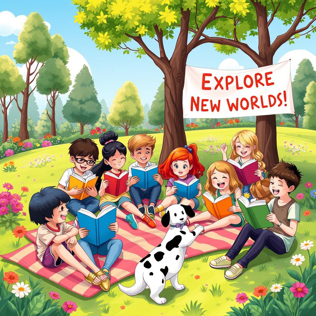 A lively illustration featuring a diverse group of children and young adults gathered in a vibrant park, each engrossed in different books