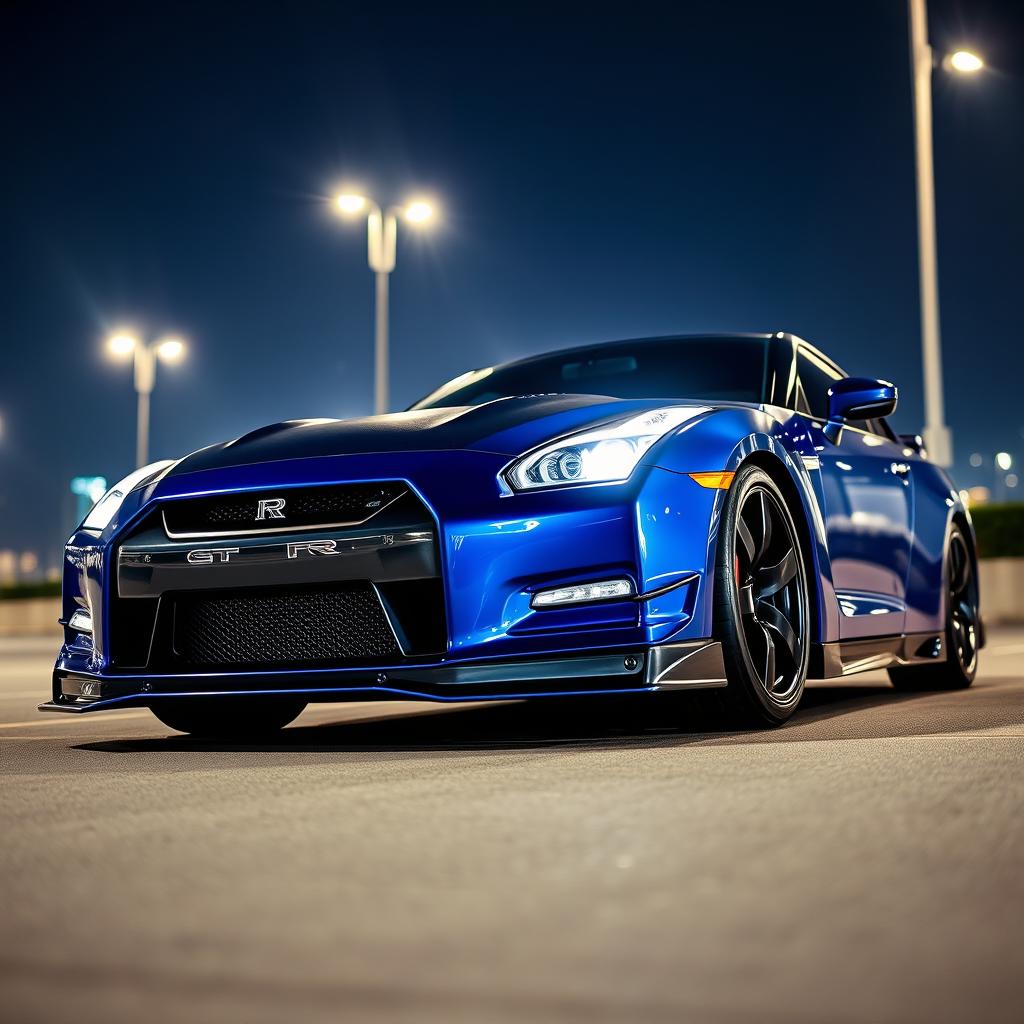 A stunning Nissan GT-R R35, parked under the night sky, the body gleaming with a vibrant metallic blue color, showcasing its aerodynamic curves and muscular stance