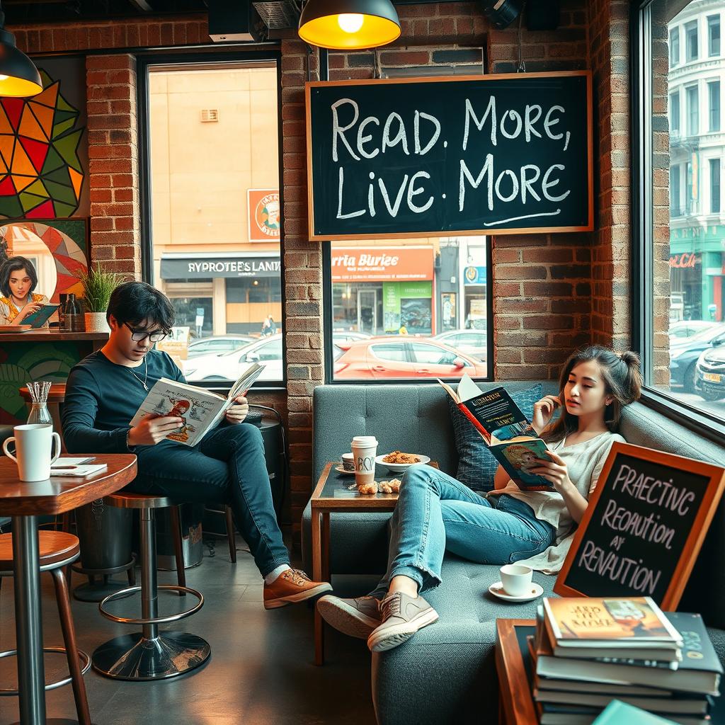 A modern and stylish scene featuring a group of trendy young adults lounging in a vibrant urban café, each deeply engaged in reading different genres of books