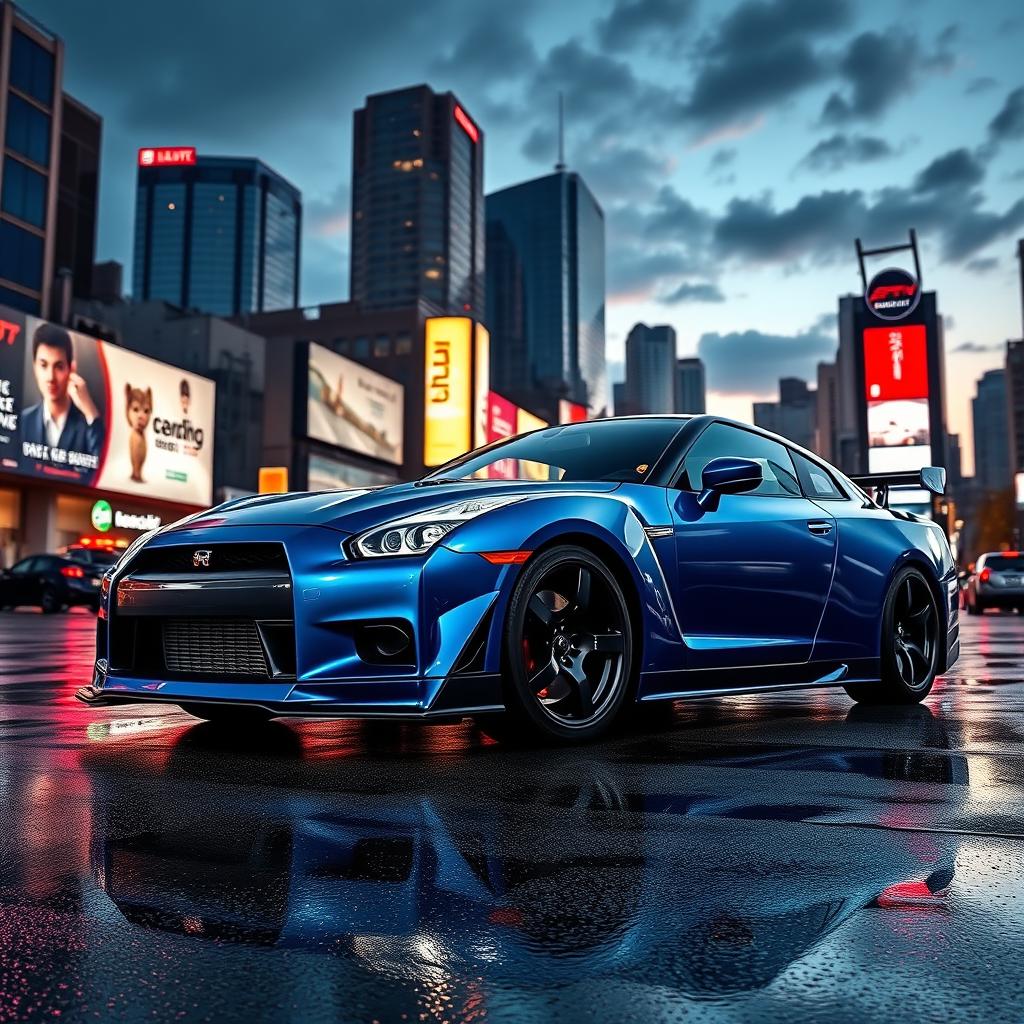A stunning Nissan Skyline GT-R parked in a vibrant urban setting with a dramatic skyline in the background