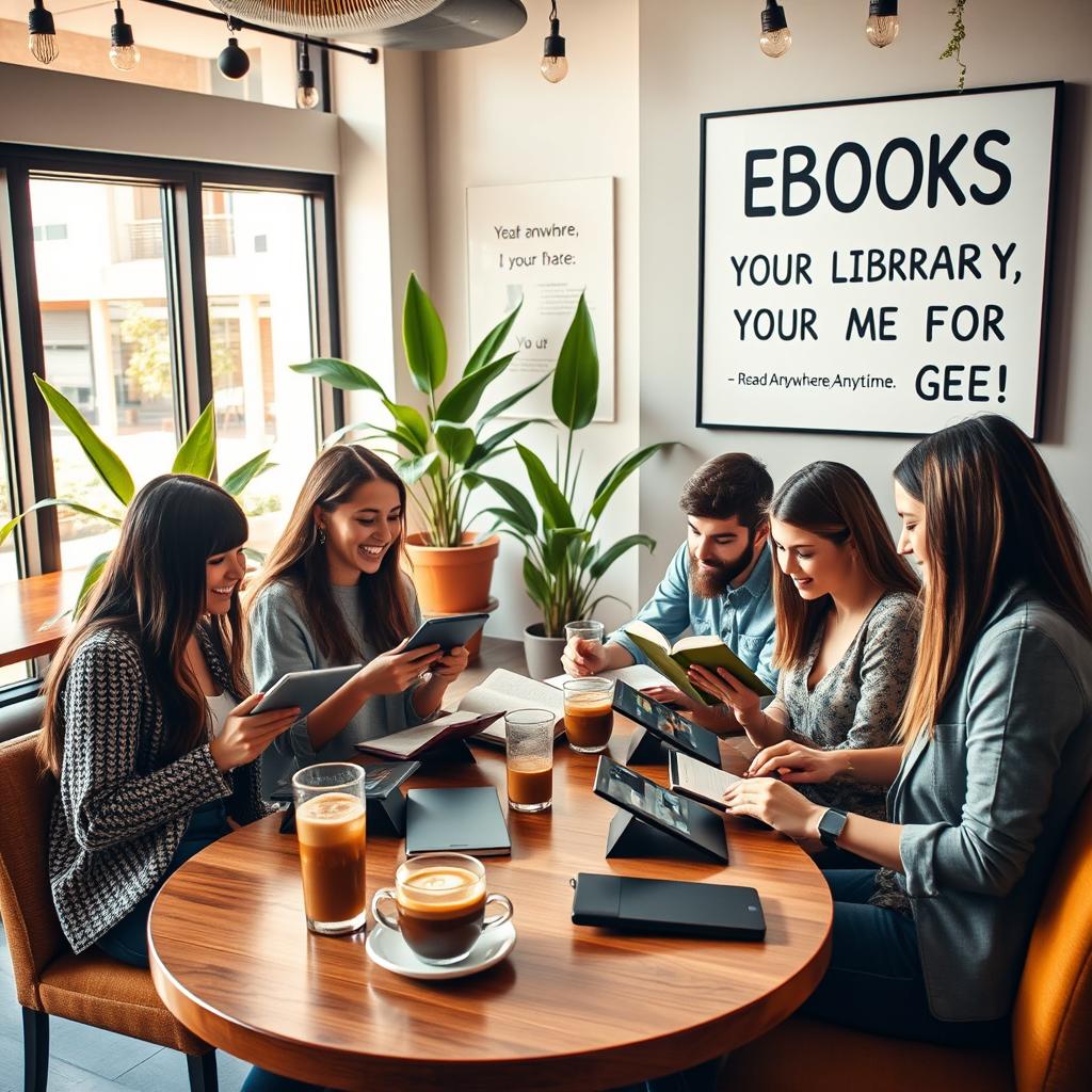 A contemporary scene in a stylish urban café where a group of young adults are gathered at a communal table, each immersed in reading ebooks on sleek tablets and e-readers