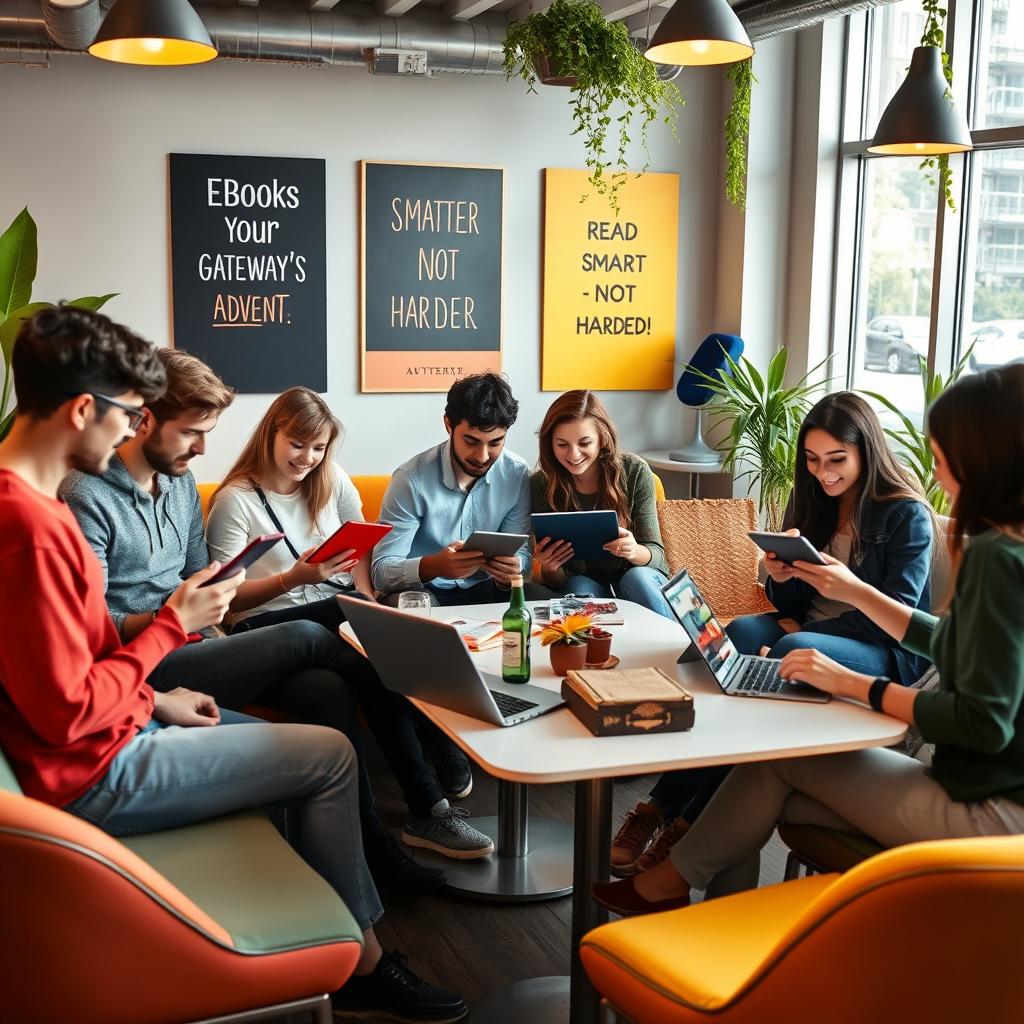 A vibrant scene set in a trendy, modern co-working space where young adults are actively engaged in reading ebooks on their stylish tablets and laptops