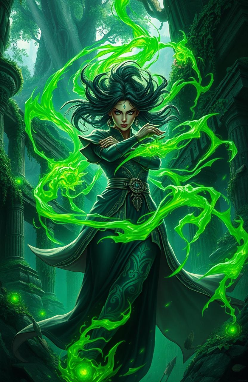 A fantasy scene set in an exotic Emerald Empire, showcasing a powerful female mage engulfed in a swirling storm of vibrant green mana