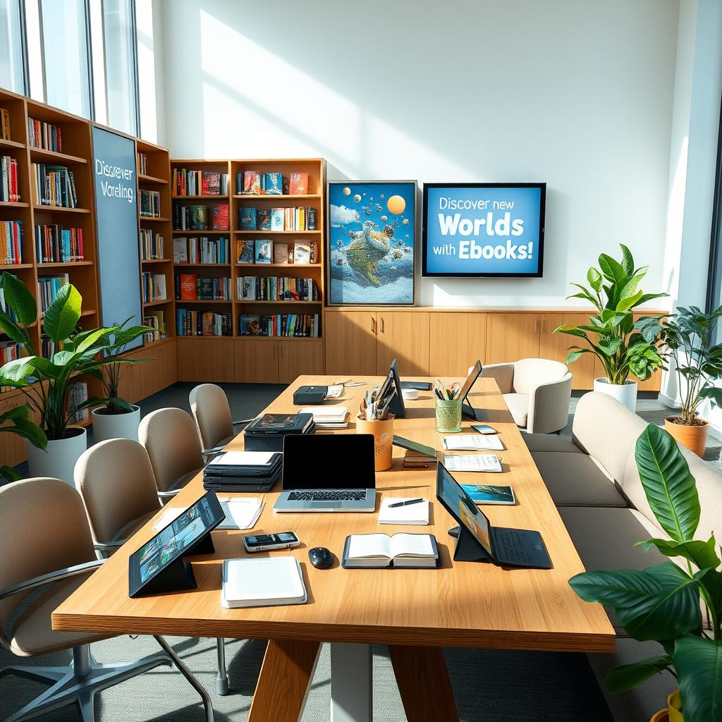 A sleek, modern workspace designed for young readers, featuring a variety of e-readers, tablets, and laptops scattered across a stylish wooden table