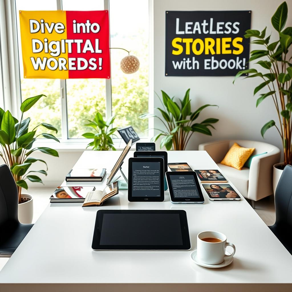 A modern and vibrant workspace designed to inspire reading through ebooks, featuring an array of sleek e-readers and tablets displayed on a clean, stylish table