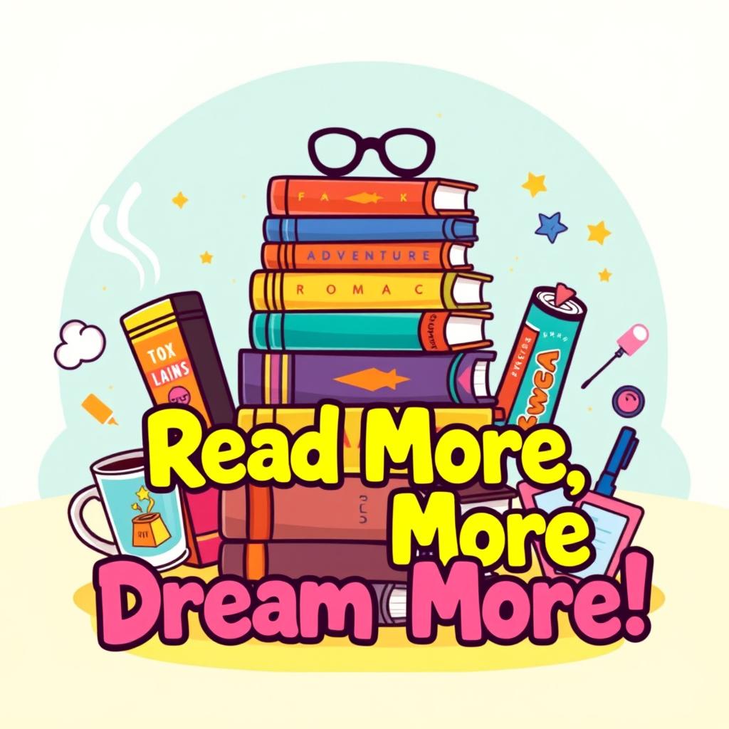 A cheerful and vibrant illustrated profile picture designed for a social media account, featuring a playful composition of colorful books stacked in a pyramid shape, each portraying different genres like fantasy, adventure, and romance with bright and whimsical cover art
