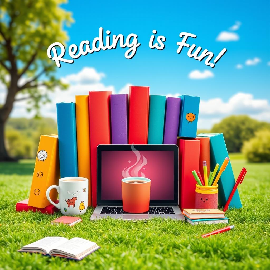 A joyful and colorful profile picture for a social media account that encourages reading, featuring a whimsical arrangement of vibrant books with playful illustrations on their covers, standing upright in a rainbow of colors
