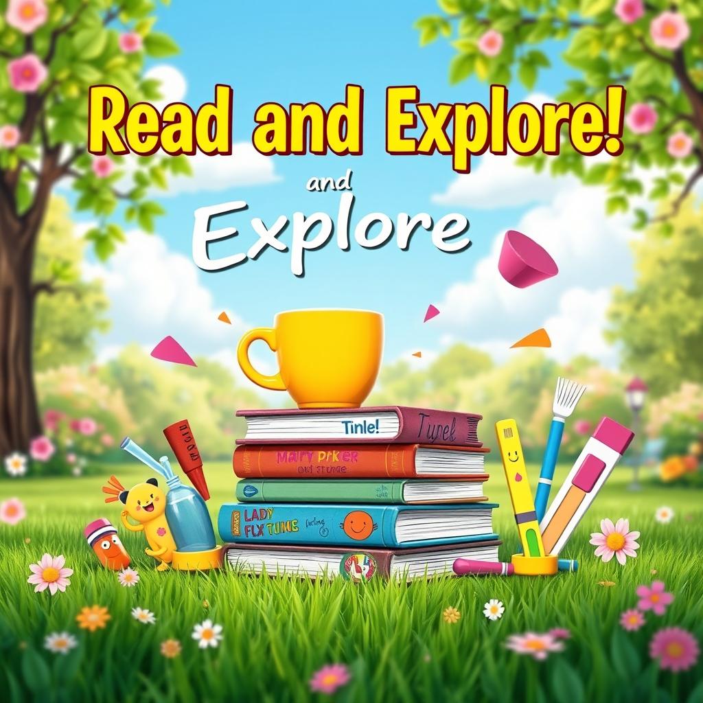A lively and cheerful profile picture for a social media account that promotes reading, showcasing a stack of colorful, illustrated books with whimsical cover designs, surrounded by fun and playful elements like a bright, oversized coffee cup, cheerful bookmarks with smiles, and a few creative stationery items like highlighters and sticky notes