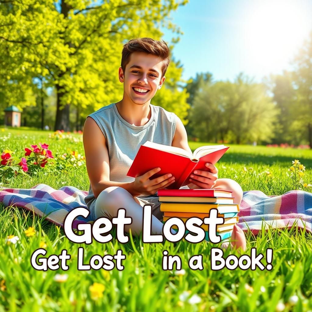 A vibrant and cheerful photograph for a social media profile, showcasing a young adult sitting on a cozy blanket in a sunny park