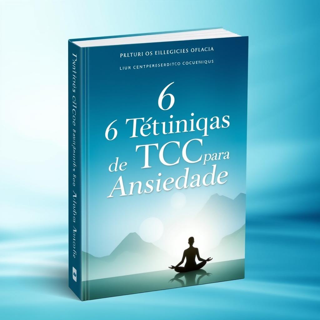 A captivating book cover for '6 Técnicas de TCC para Ansiedade', featuring a serene and calming color palette of blues and greens