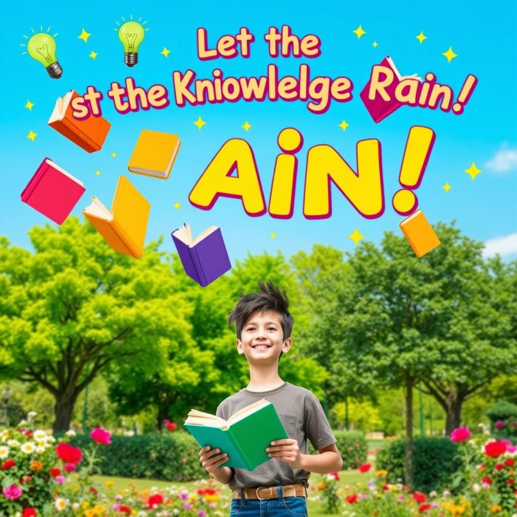 A vibrant and cheerful profile picture for a social media account promoting reading, depicting a whimsical scene where colorful books are raining down from the sky, symbolizing a 'rain of knowledge