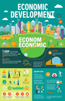 A vibrant, detailed infographic showcasing the concept of economic development