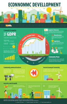 A vibrant, detailed infographic showcasing the concept of economic development