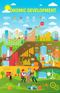 A vibrant, detailed infographic showcasing the concept of economic development