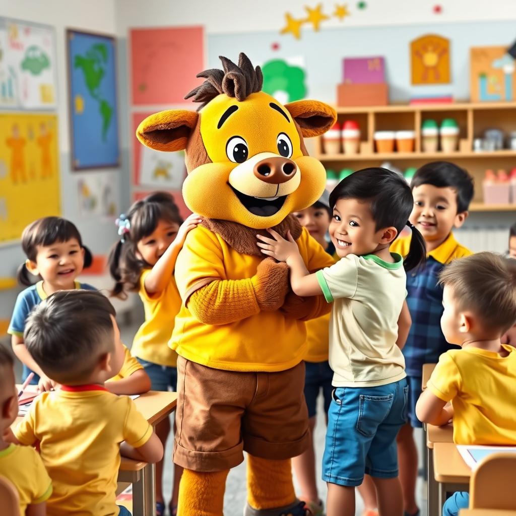 A vibrant classroom scene featuring 'Caio', the class mascot, who embodies a student engaging with classmates during a lesson